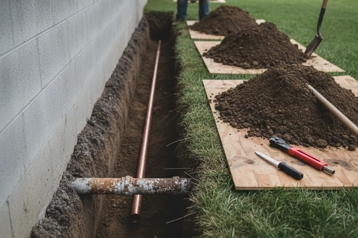 Excavated water line trench during Water Softener Installation in Rockvale